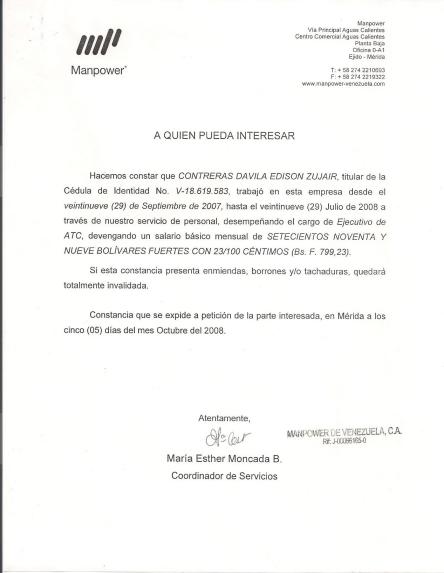 Constancia de trabajo de Supervisor Call Center Movilnet y Ejecutivo Manpower