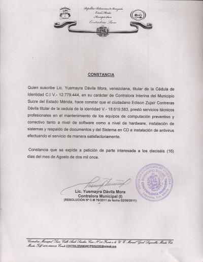 Constancia de trabajo de Contraloría del Municipio Sucre