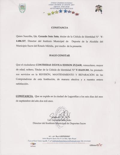 Constancia de trabajo de Dirección de Deporte del Municipio Sucre