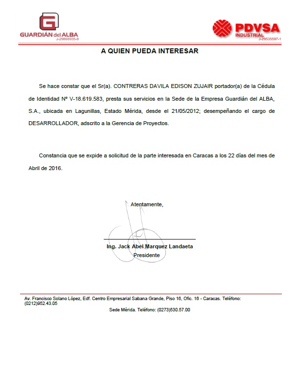 Constancia de trabajo de Guardián del ALBA